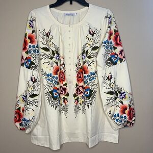 Misslook Women's Floral Folk Print‎ Peasant Blouse Size M Faux Pearl Buttons